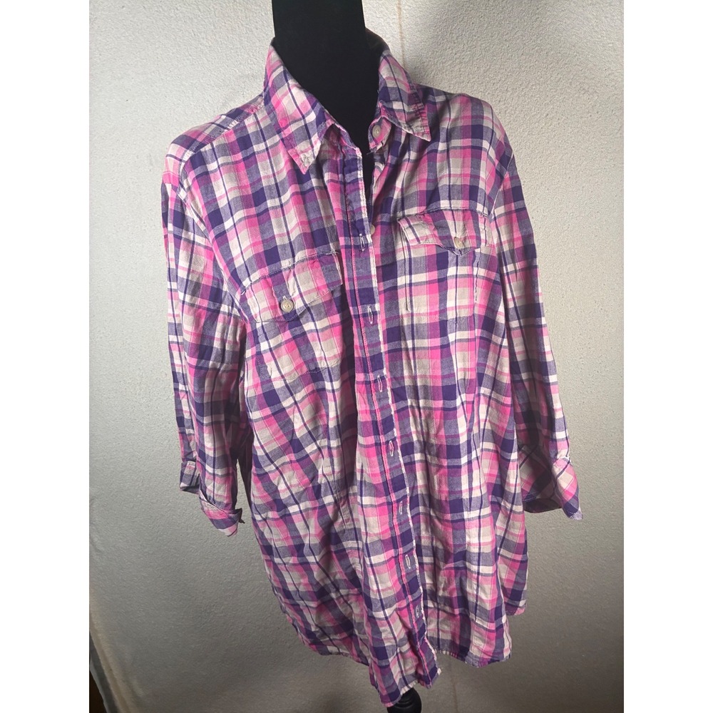 Riders by Lee Button Down Shirt Womens 1X Pink Purple Plaid Excellent Long Sl